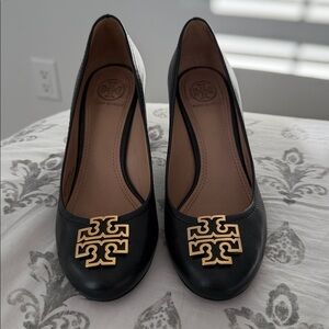 Tory Burch Black Wedges with Gold Logo